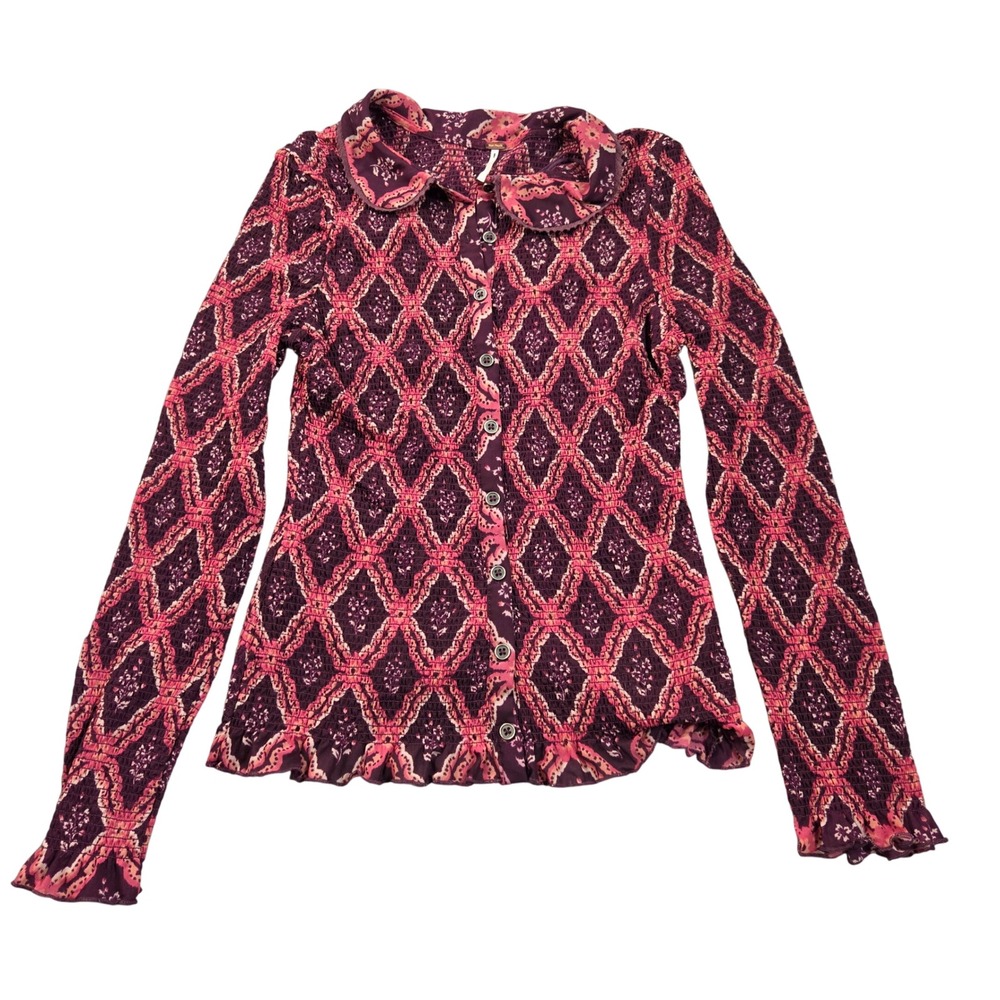 Free People Shirt Womens Large Burgundy Smocked Mesh Button Down Diamond Print